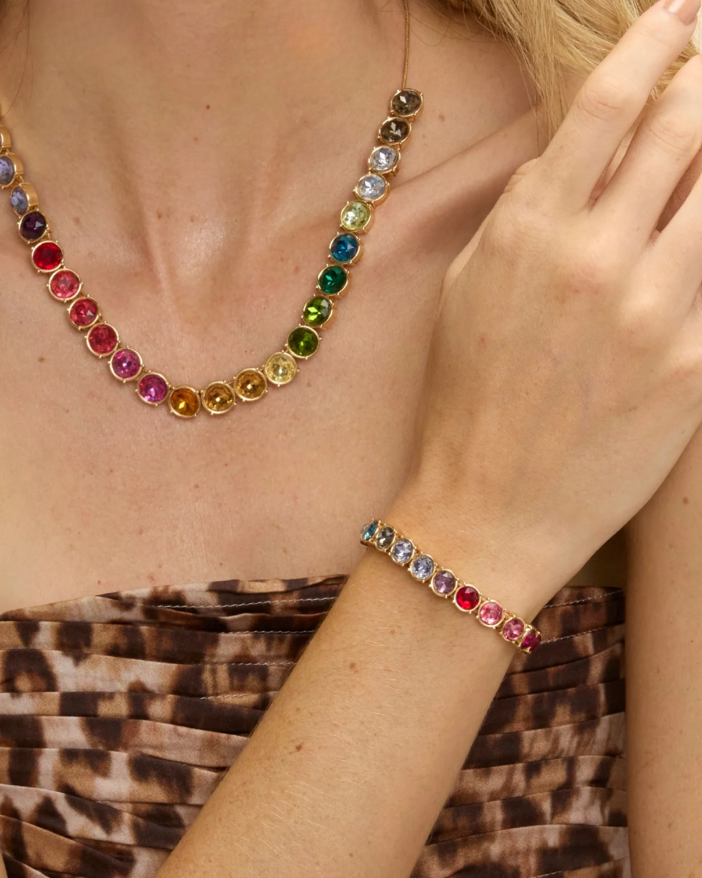 Rainbow Crystal Stretch Bracelet in 14k Gold-Plated Brass
