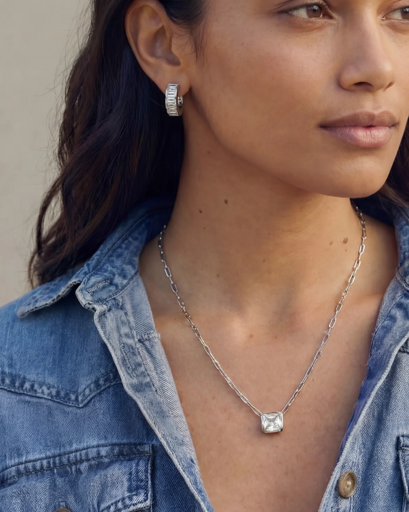 Bezel Set Essential Necklace in Silver with Emerald-Cut Stone