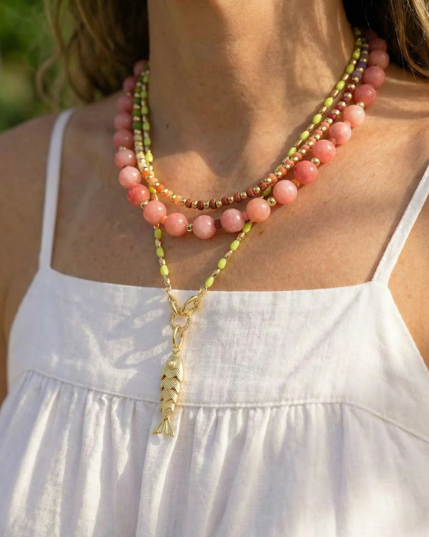 Dot Necklace in Strawberry Sunstone Quartz with Jade and Gold Beads