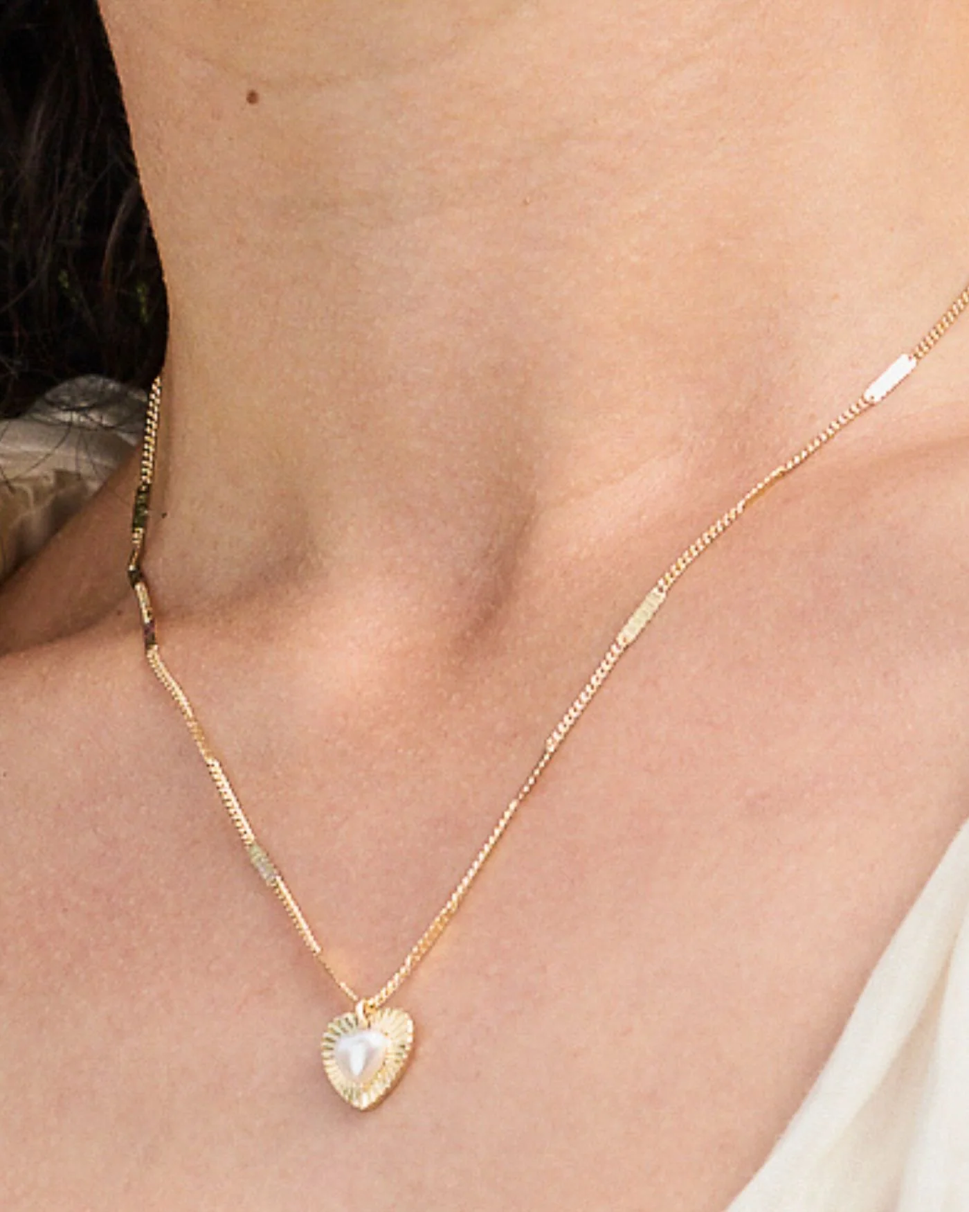 Pearl Mini Vintage Heart Necklace in Gold-Dipped Brass